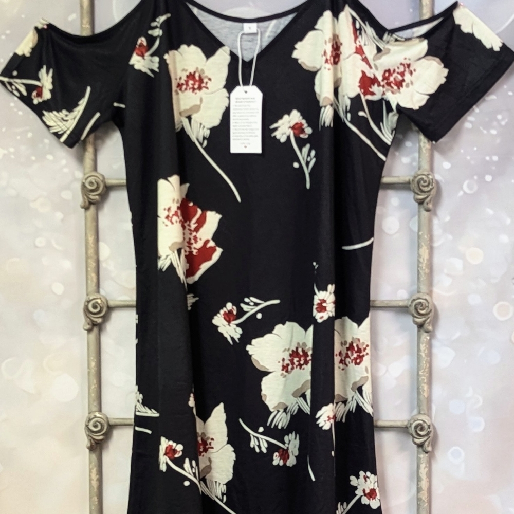 Floral Black Dress with Red and White Accents